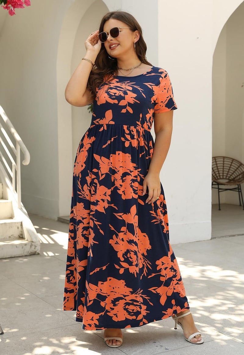 Nemidor Plus Size Maxi Dresses for Curvy Women Summer Casual Loose Short Sleeve Long Beach Dress with Pocket(149,24,Orange Print) - Image 4